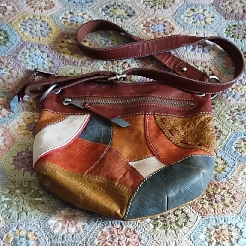 Fossil Patchwork Tan Leather Crossbody Bag